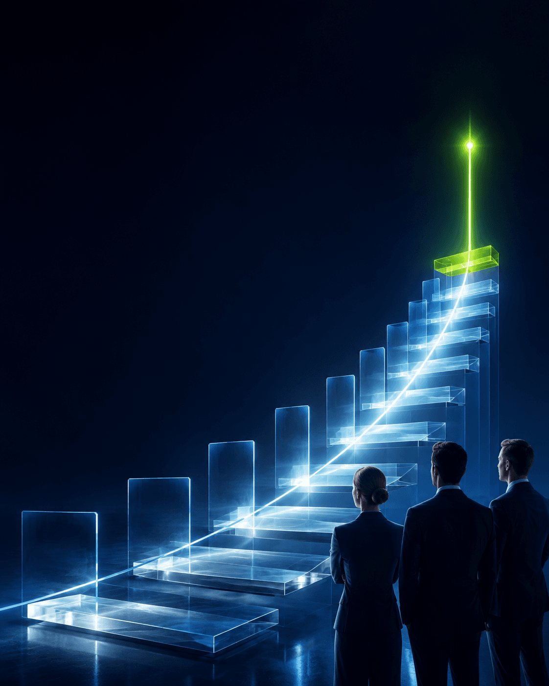 Leaders looking up a luminous staircase