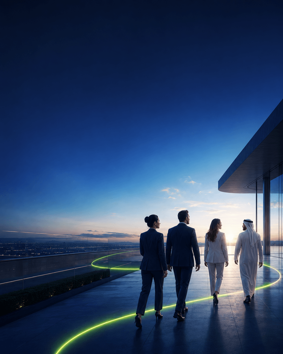 Professionals walking a glowing path across a rooftop at dusk
