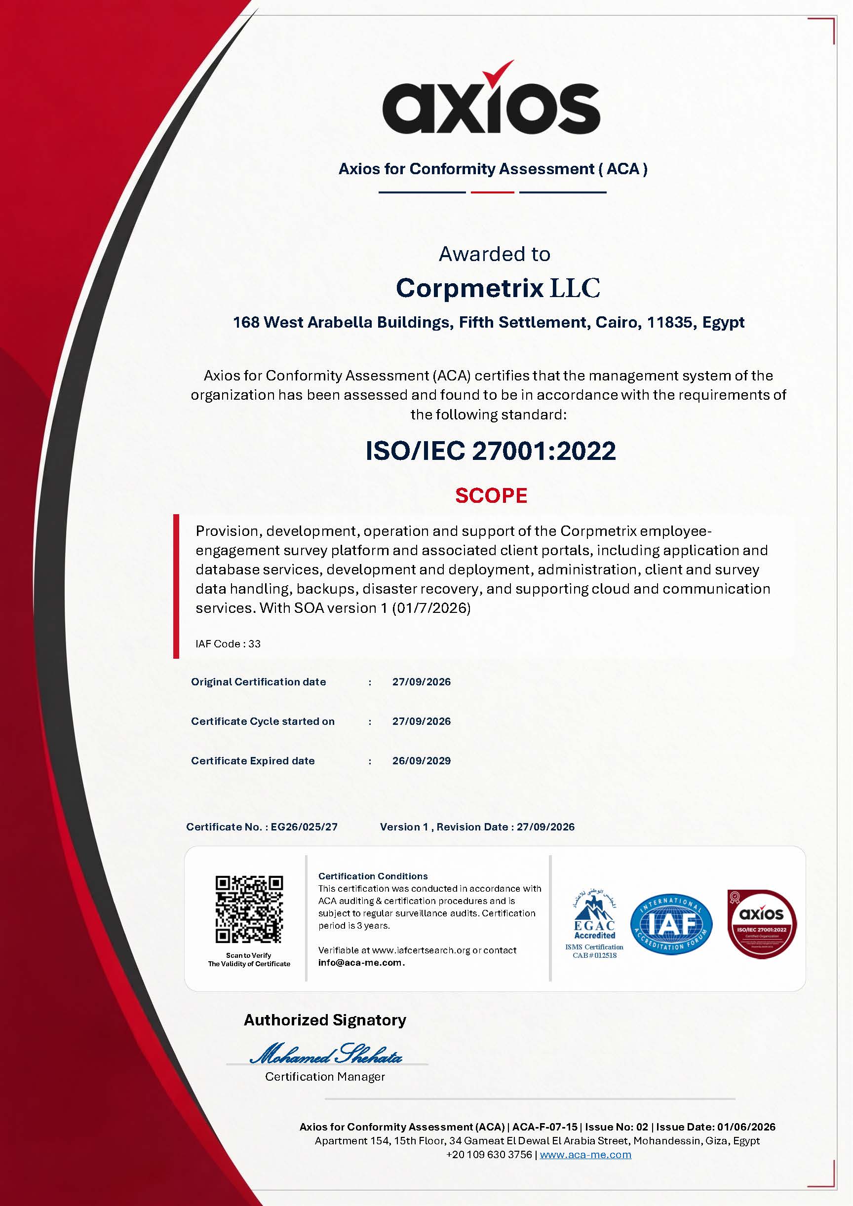 ISO/IEC 27001:2022 certificate awarded to Corpmetrix LLC